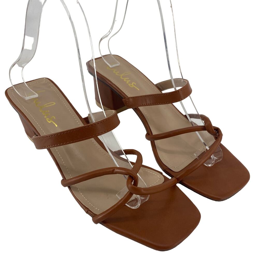 Lulus Leylia Women 9 Tan faux leather slip on block heel strappy sandals - Picture 1 of 7
